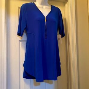 Vibrant cobalt blue Chaus blouse with gold zipper detail at v neck